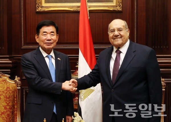 김진표 의장이 압델-라젝 상원의장과 악수하고 있다(사진=국회의장실)
